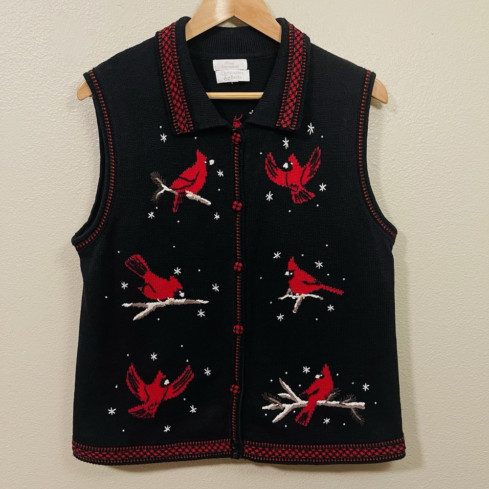 Christopher & Banks‎ Hand Embroidered Winter Sweater Vest Cardinal Size  M / L